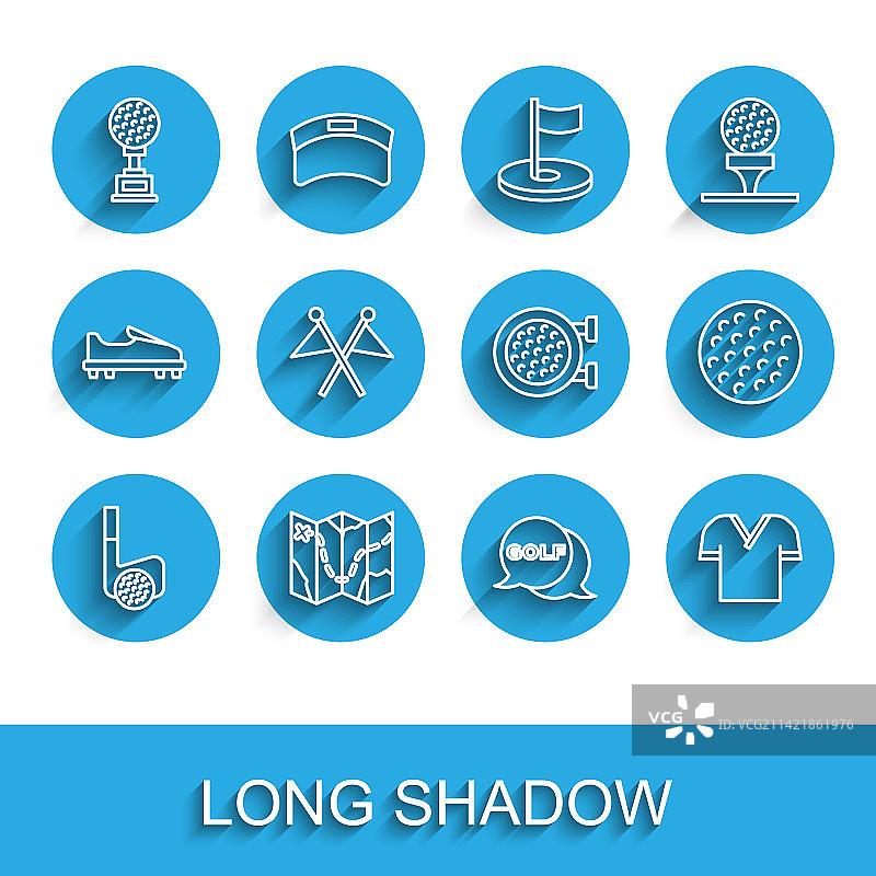 高尔夫球杆、球和球场布局及奖杯的线条组合图片素材
