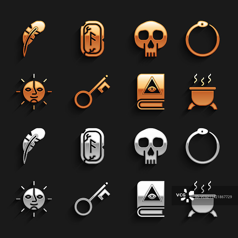 旧钥匙、衔尾蛇、女巫坩埚和古代物品图片素材