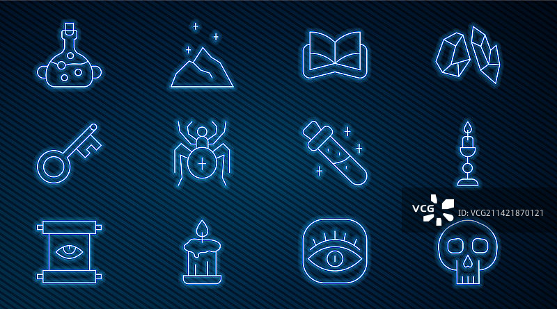 骷髅、燃烧的蜡烛、古代魔法书线条素材图片素材