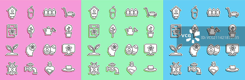 成套线性园丁工人帽子、带花卉的位置图片素材