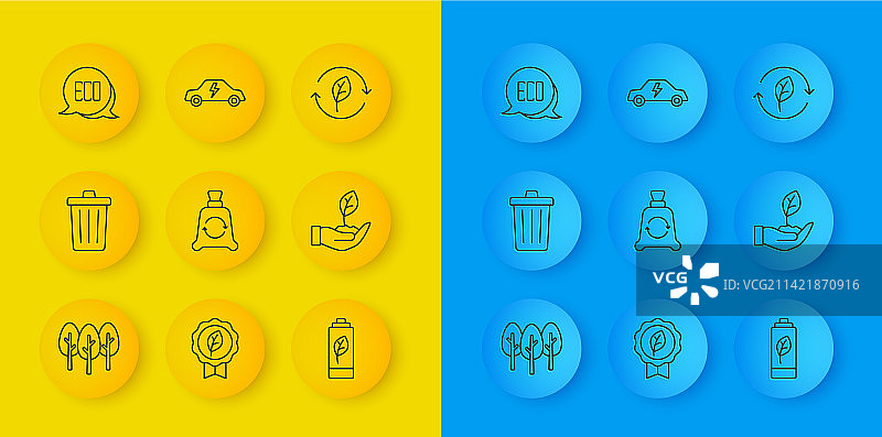 树木、垃圾桶、带回收标志的垃圾袋线条设计图片素材