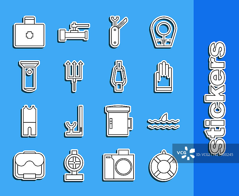 救生圈、鲨鱼鳍、海浪与手套线条图片素材