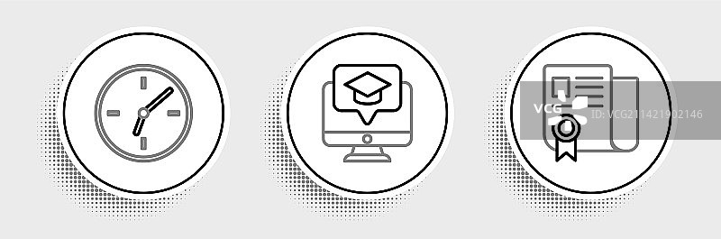 线性图标集：证书模板、时钟、显示器图片素材
