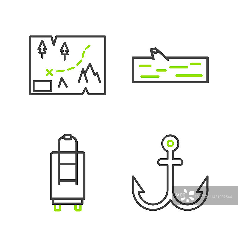 船锚、行李箱、木头和折叠伞组合图片素材