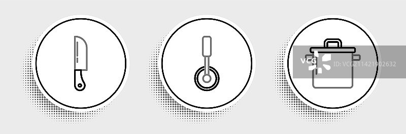 烹饪锅、刀具和披萨刀具图标图片素材