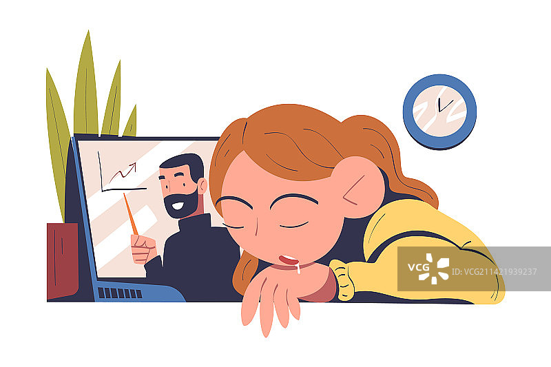 在网上讲座中睡觉的无聊女子图片素材