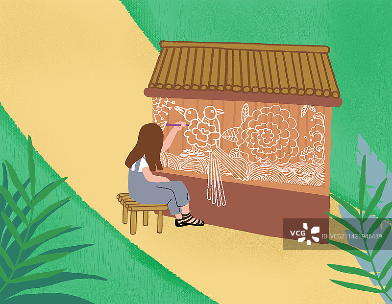 一个女孩坐在亭子前画画图片素材