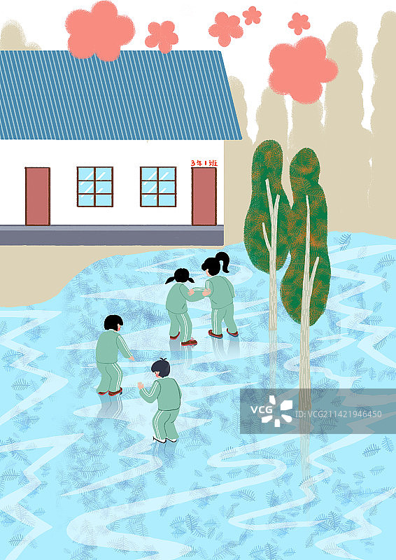 一群小学生在冰冻的操场上玩耍滑冰图片素材