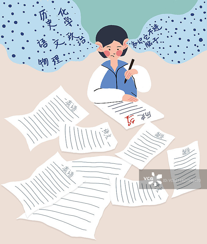 一个学生在做试卷很吃力的样子图片素材