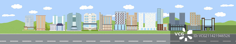 一副横版城市建筑群的长图插画图片素材