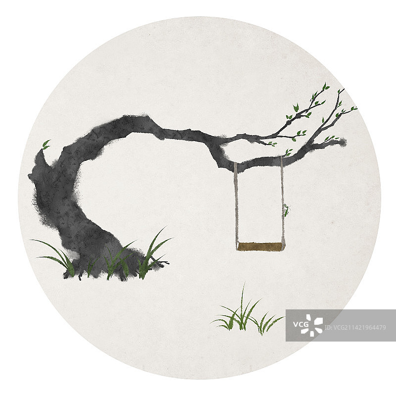 老树秋千复古中式圆形插画图片素材