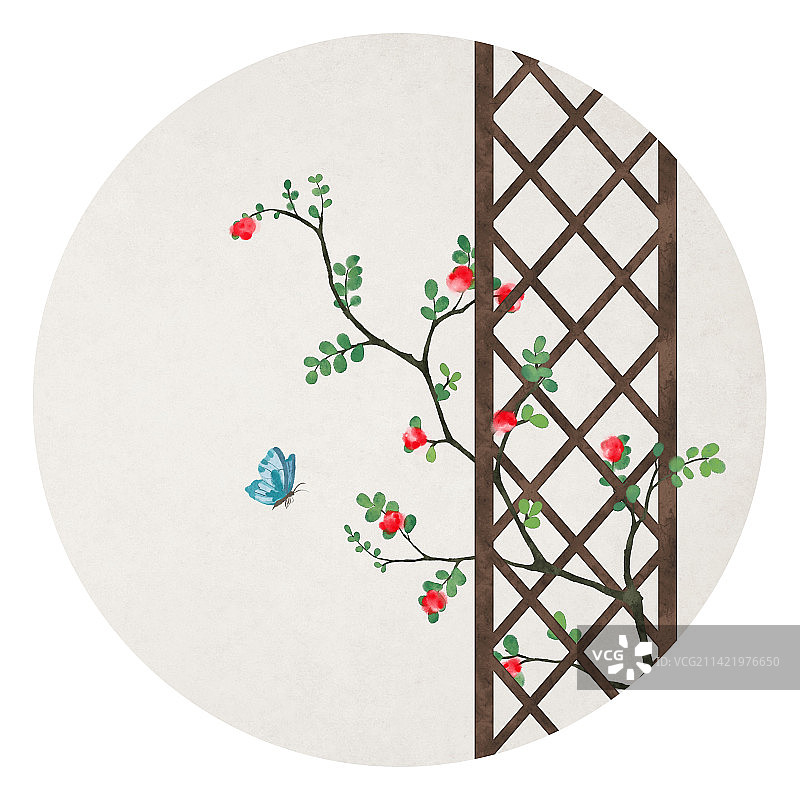 春天蔷薇花架蝴蝶中式圆形插画图片素材