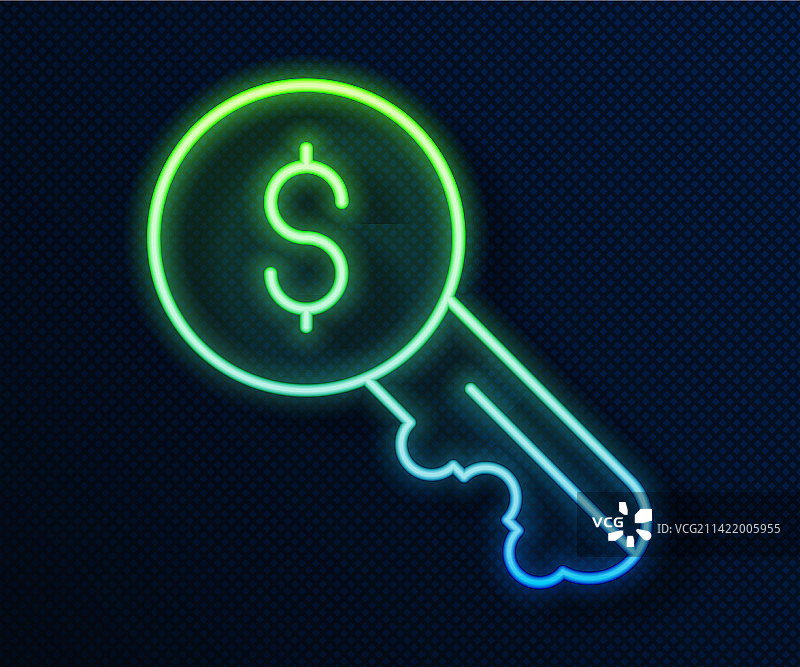 蓝色背景上的发光霓虹灯钥匙图标图片素材