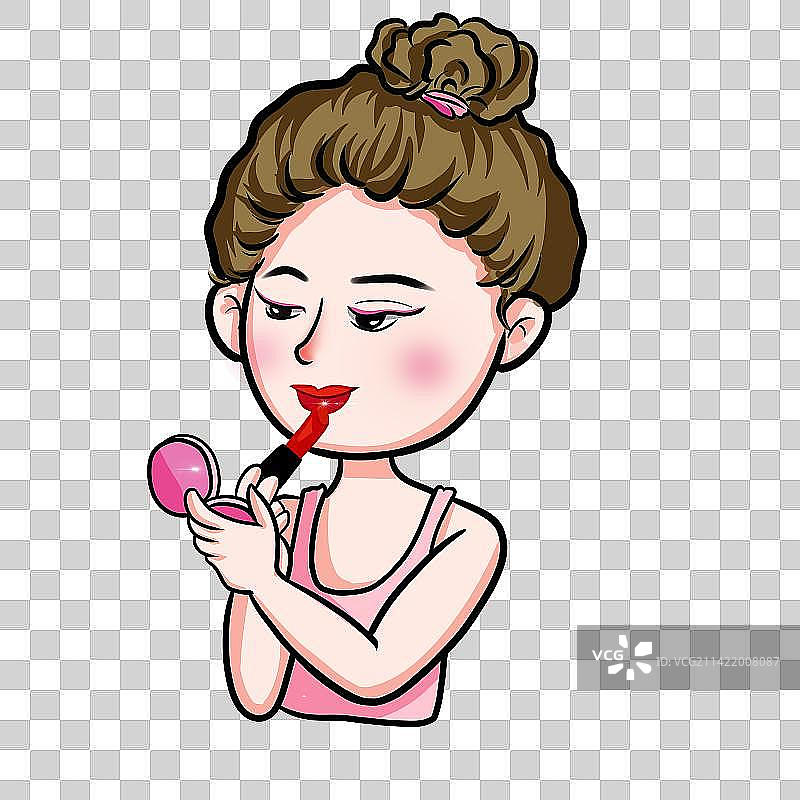 穿着吊带照着镜子涂口红的卡通可爱女人图片素材