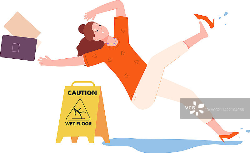 女子滑倒在湿滑的地板上图片素材