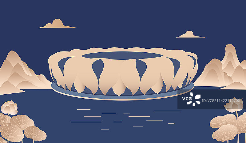 蓝金杭州奥体中心体育场矢量插画，大莲花，杭州亚运会场馆，田径项目场馆科技未来比赛运动山水荷花广告宣传图片素材