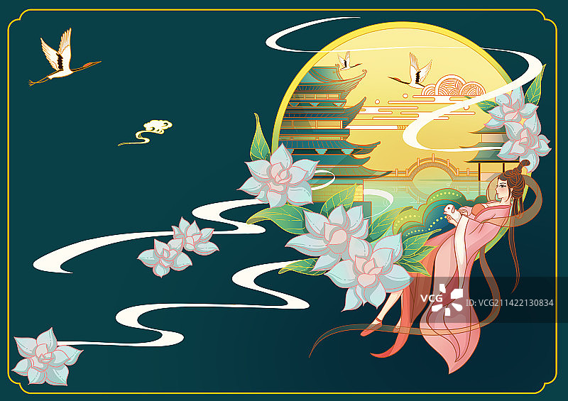 中秋月圆嫦娥玉兔团圆月饼插画图片素材