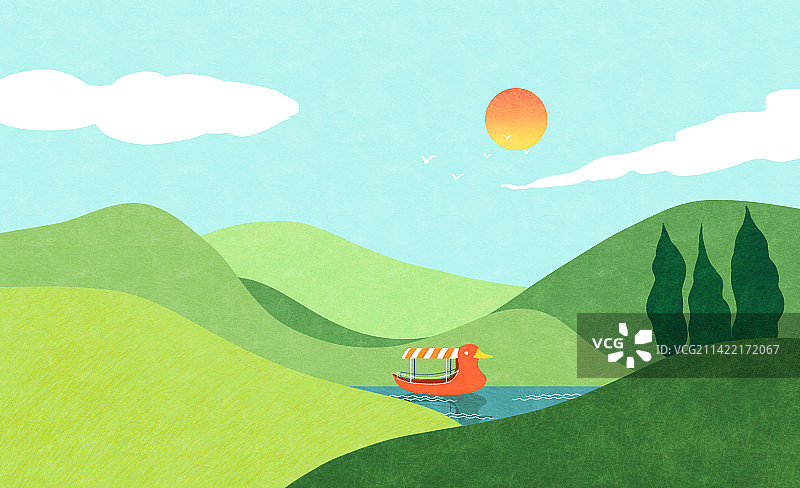 梦幻山林公园红色的无人游乐场鸭子船漂在水上哲学风景插画图片素材