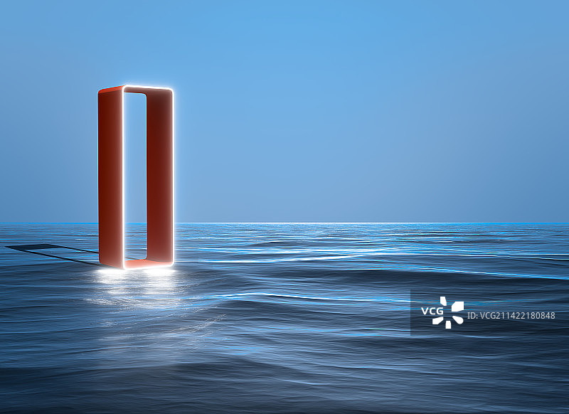 蓝色背景下的水特写镜头-蓝色背景下的红色光线-蓝色水面科技未来概念背景图图片素材