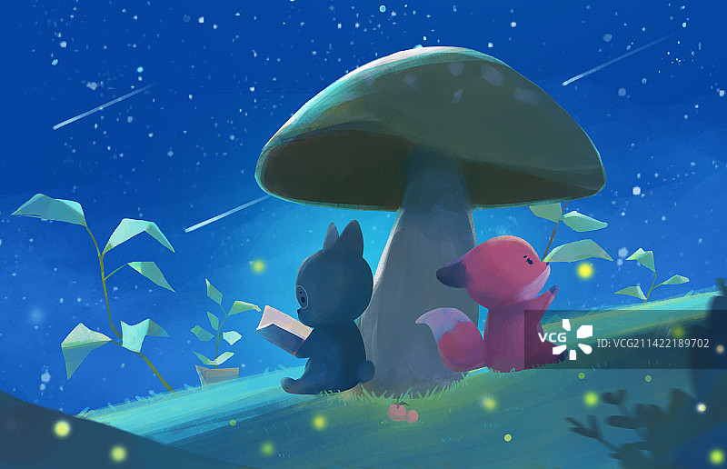 狐狸兔子童话蘑菇夜晚萤火虫图片素材