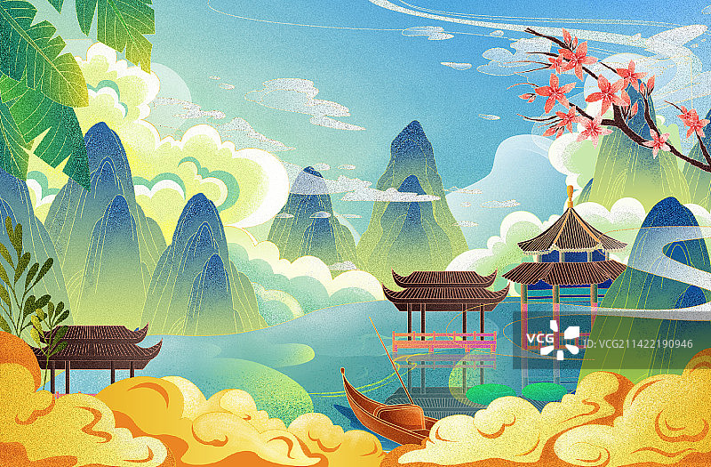 国潮插画湖面亭子山河古风小船图片素材