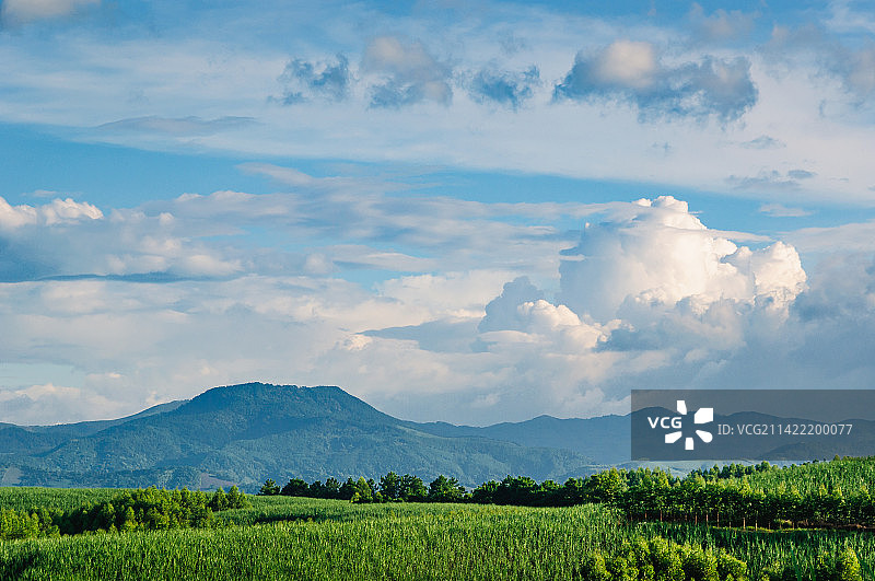 蓝天白云下的田园和山脉图片素材