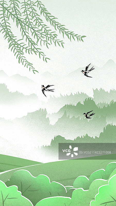 中国风春分简约艺术中国传统柳树诗意画图片素材