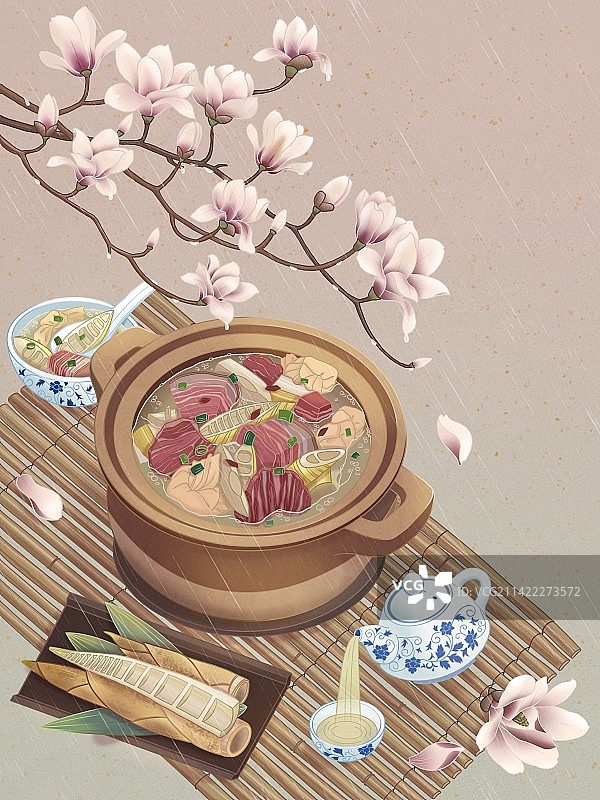 二十四节气国风线性插画之雨水腌笃鲜图片素材