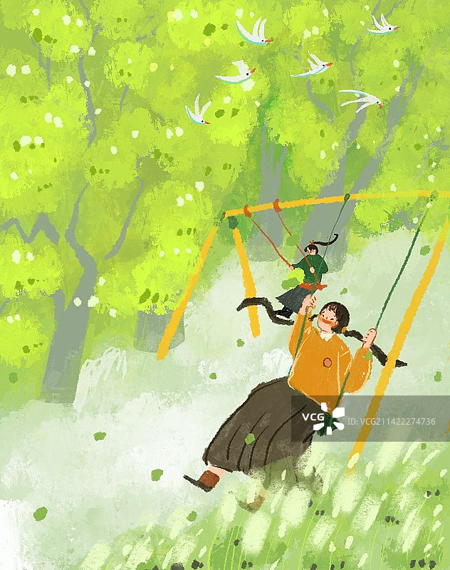 两个女孩在树林里荡秋千图片素材