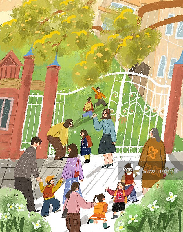 很多家长送小朋友去上学图片素材