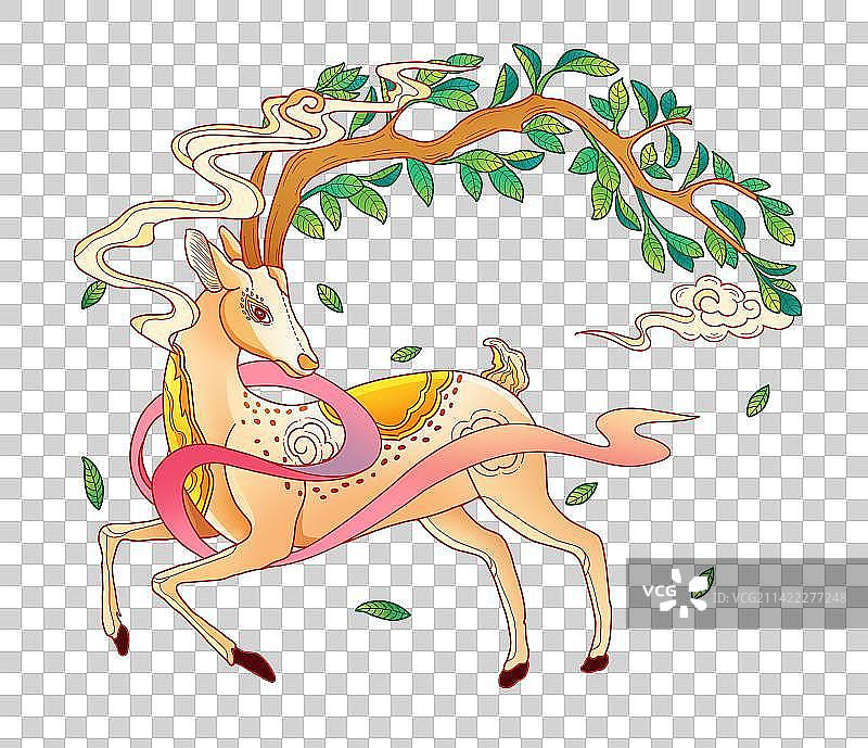 国潮风手绘春天鹿插画元素图片素材