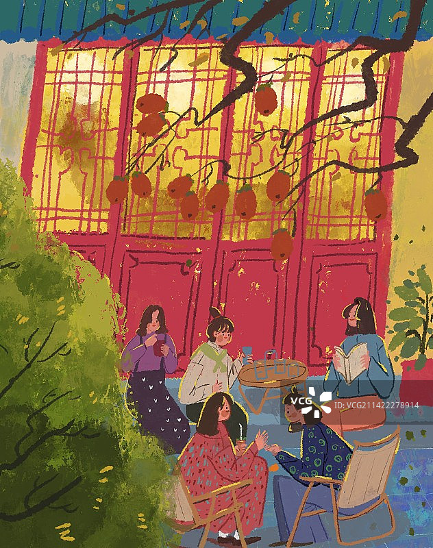 夜晚在院子里五个好朋友在聊天图片素材