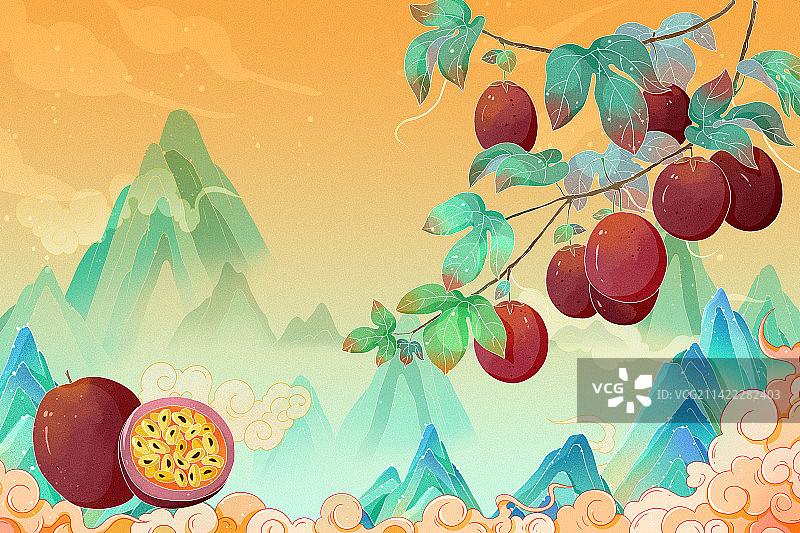 中国风山水祥云水果百香果包装插画图片素材