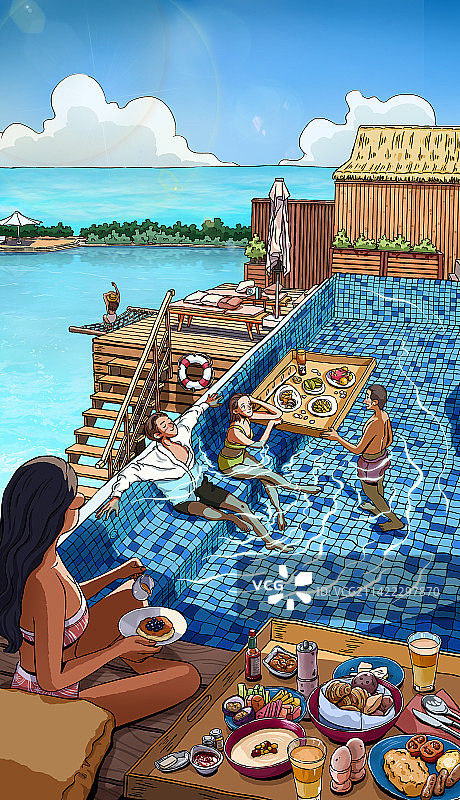 夏日的海边，好友们的悠闲度假时光图片素材