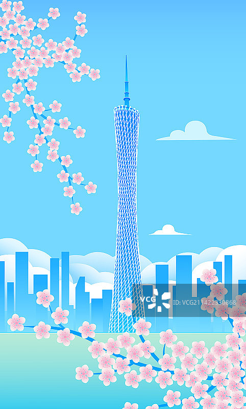 广州塔矢量插画，春天桃花广州电视塔，旅游立春春分谷雨惊蛰电商金融经济科技广告贸易全球化宣传海报图片素材