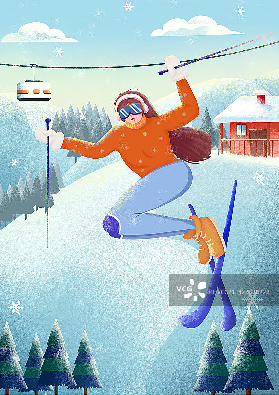 扁平渐变肌理插画 滑雪图片素材