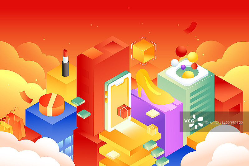 卡通2.5D等距潮流青年女孩妇女节女生彩妆网购购物节消费券包邀请好友商务金融促销优惠电商渐变矢量插画图片素材