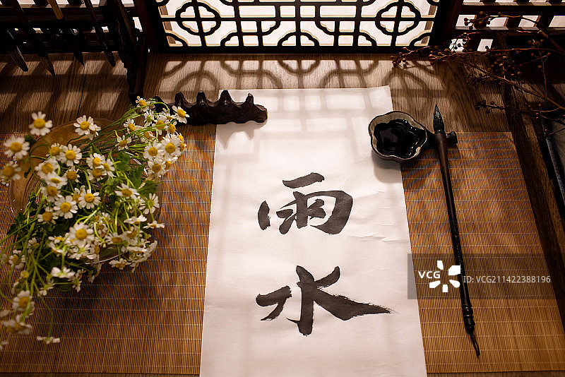 雨水节气,书法,洋甘菊,二十四节气图片素材