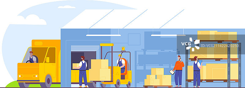 叉车在卡车仓库装载托盘图片素材