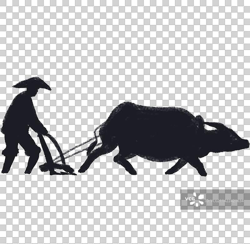 耕田的农民与水牛剪影元素图片素材