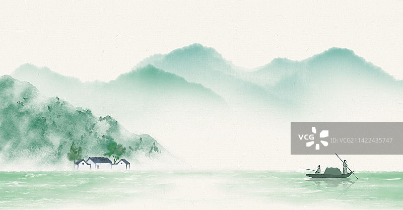 绿色江南水墨国画插画图片素材