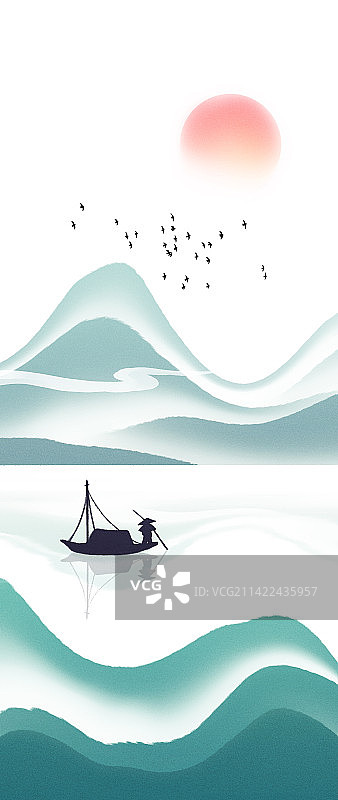 新中式蓝色山水风景插画图片素材