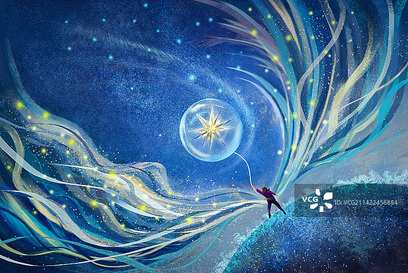 乘着希望之星飞翔的少女插画壁纸图片素材