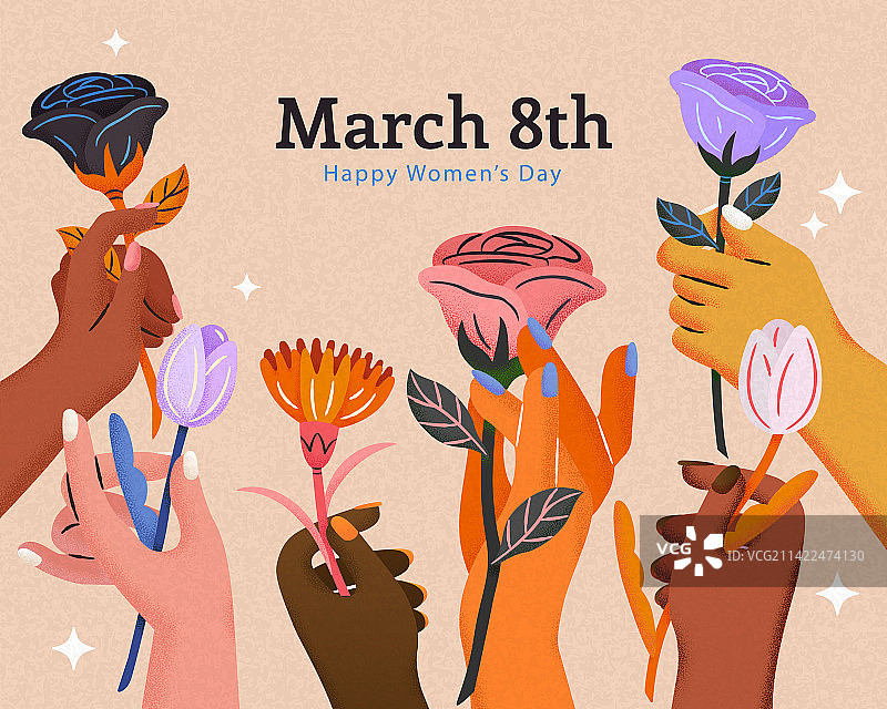 国际妇女节不同肤色手握鲜花插图图片素材