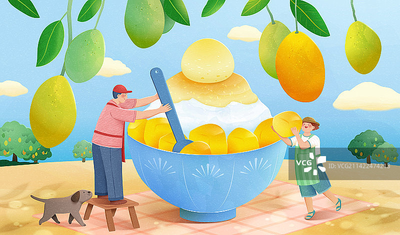 芒果冰与可爱微型人物手绘插图图片素材