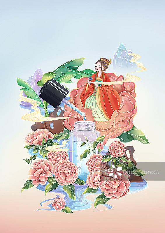 新中式山茶花护肤品插画图片素材