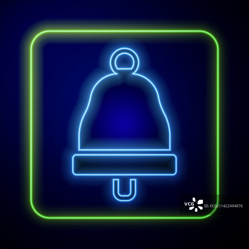 蓝色背景上的发光霓虹铃铛图标图片素材