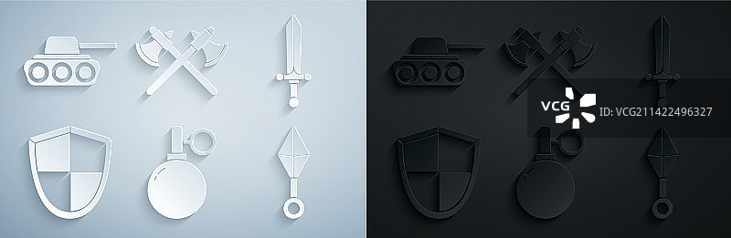 手榴弹、中世纪剑、盾牌和日本刀图片素材
