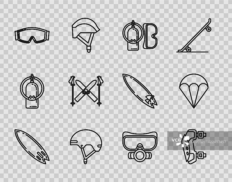 冲浪板护膝和潜水面罩线条图标图片素材