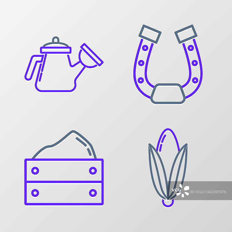玉米、装满收成物的木箱、马蹄铁图片素材